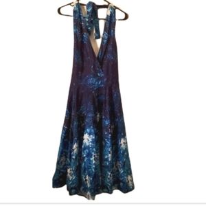 Dresslily Flared Bottom Halter Style Plunging Neckline Dress Blue Tropical Palms
